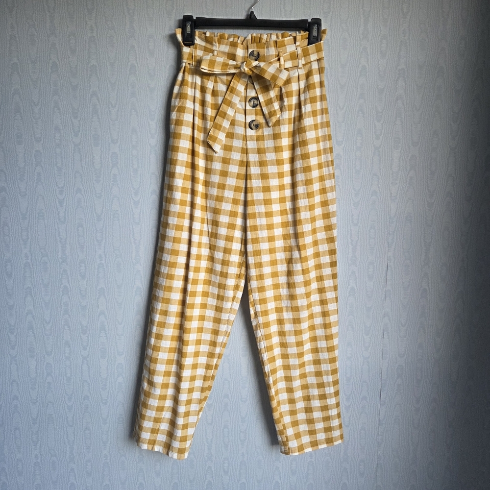 Primark‎ Checkered Belted Gingham Button Up Paper Bag Pants White Mustard 4
